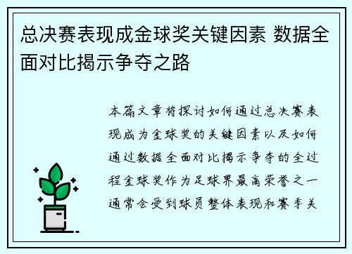 总决赛表现成金球奖关键因素 数据全面对比揭示争夺之路