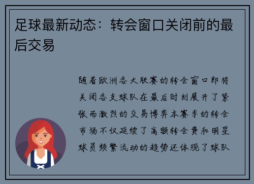 足球最新动态：转会窗口关闭前的最后交易
