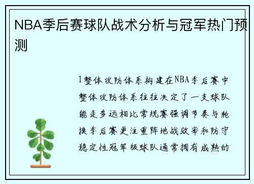 NBA季后赛球队战术分析与冠军热门预测